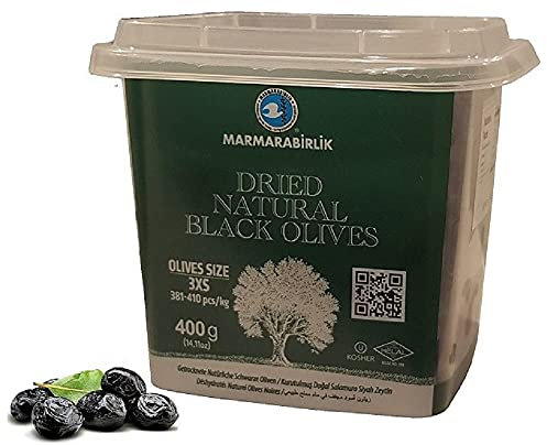 Marmarabirlik Black Olives, Turkish Dry Cured Black Olives, Hand-Picked, Healthy Snacks, Rich Mediterranean Taste, Perfect for Mezze, Bread and Salads, Vegan, Kosher and Halal, Small, 14oz (400g)