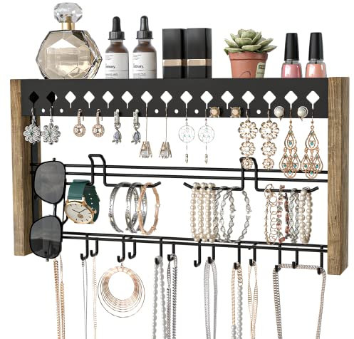 Jackcube MK460A Organiseur de bijoux mural en bois rustique avec crochets en métal pour colliers, boucles d'oreilles et bracelets (bois)