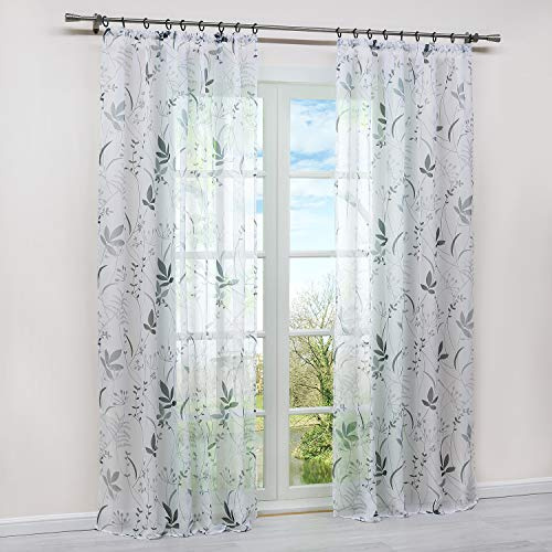 HongYa Gardine Transparent aus Voile mit Kräuselband und Blattmuster | Bunt, H/B 245/140 cm, 1 Stück, lichtdurchlässig, pflegeleicht, weich fallend, dekorativ, für Wohnzimmer und Schlafzimmer