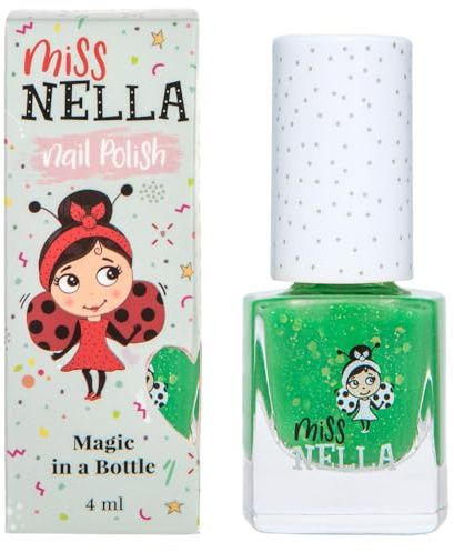 Miss Nella KISS THE FROG abziehbarer Nagellack speziell für Kinder, Grün Glitzer, Peel-Off-Formel, ungiftig, wasserbasiert und geruchsneutral