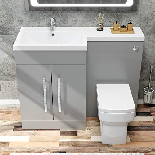ELEGANT 1100mm L Shape Bathroom Vanity Sink Unit Furniture Storage | Left Hand Matte Grey Vanity unit + Basin + Ceramic Square Toilet with Concealed Cistern