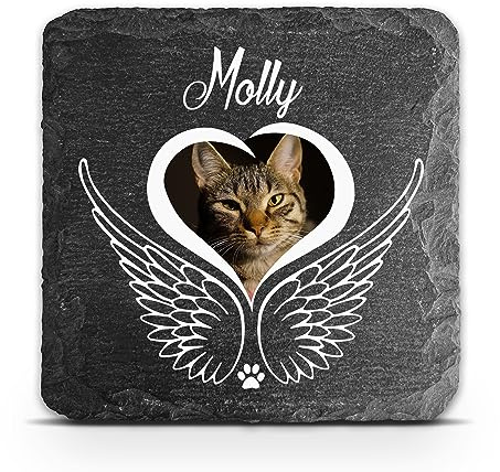 TULLUN Individueller Personalisiert Natürlich & Einzigartig Tiergrabstein Schiefer Gedenkstein für Hund, Katze, Kaninchen und andere Haustiere - Größe 10 x 10 cm - Engelsflügel