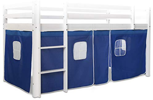 Homestyle4u Hochbett Bettvorhang Blau 100% Baumwolle mit Fenster 90x200 cm, Bettumrandung Stoff leicht zu Montieren | Artikel 1518