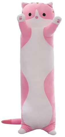 SHINUOER Cute Cat Plush Long Body Pillow – Soft Cartoon Stuffed Animal Doll, Kawaii Cat Plushie Cuddle Toy Gift for Kids, Girls & Girlfriend (Pink, 19.7 Inch)