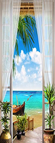 A.Monamour Adesivo Porta Autoadesiva Terrazza Vista Mare Con Tenda In Voile Bianco Spiaggia Sabbiosa Vinile PVC Adesivi per Porte 3D Pellicola Adesiva Poster Sticker Murale Parete Carta da Parati