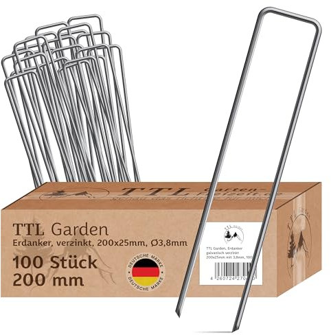 TTL Garden 100 Stück Erdanker 200 mm x 25 mm Ø 3,8 mm - verzinkte & gehärtete Stahl Bodenanker Heringe für Unkrautvlies, Gartenvlies, Zaun, Vogelschutznetz, Camping Anti-Rost robust rostfrei