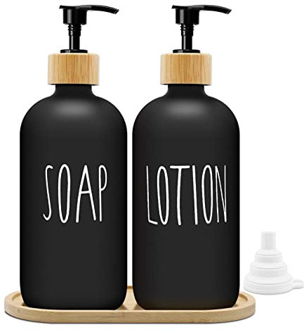 Mamiddle Seifenspender Schwarz Matt Set 500ml Seifenspender Glas mit Tablett Spülmittelspender Shampoo Spender Soap Dispenser für Küche und Dusche(Schwarz + Schwarz)