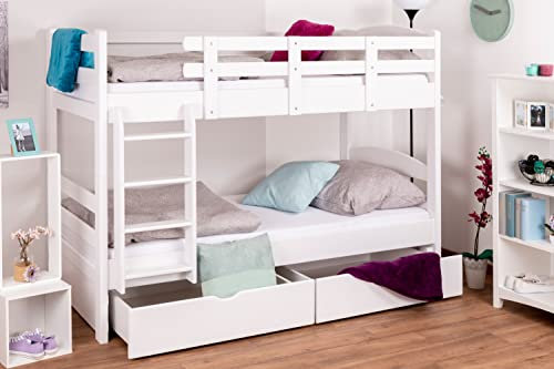 Stockbett für Erwachsene Easy Premium Line K17 inkl. 2 Schubladen und 2 Abdeckblenden, 90 x 200 cm (B x L) Buche Vollholz massiv weiß lackiert, teilbar