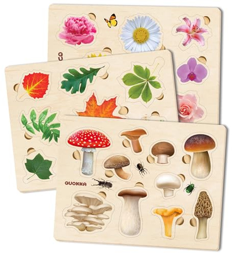 Spielzeug Puzzle 1 2 3 Jahre - Montessori Holz Steckpuzzle für Kinder 3-4 | 3 Set Lernspielzeug für Mädchen and Jungen - Pilze, Blumen, Blätter Lernen
