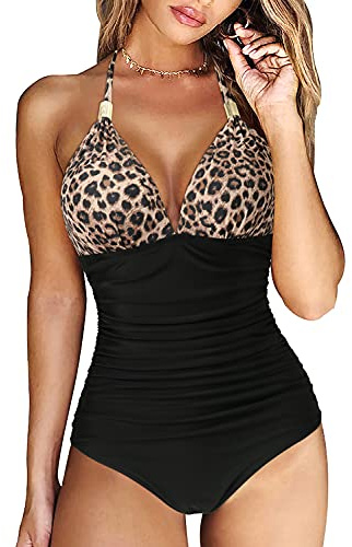 RXRXCOCO Badeanzug Damen Raffungen Bauchweg V Ausschnitt Push Up Shape Bademode Neckholder Einteilige Rückenfrei Badeanzug Leopard Schwarz M
