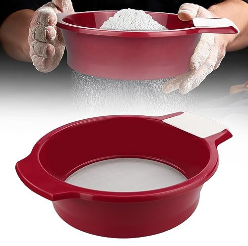 HAOMEEDUO Mehlsieb Edelstahl Mehl Puderzuckersieb 21cm Backsieb Fein Edelstahlsieb Feinmaschig Haushaltssieb mit Griffe Küchensiebe Rot Schüttelsieb mit Schaber für Backpulver Salz Kakaopulver Tee