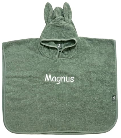 Elefantasie Baby Badeponcho mit Name Bestickt Poncho aus Frottee Baumwolle Salbei