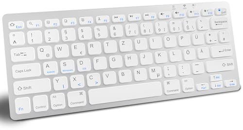 Kabellose QWERTZ Deutsche Bluetooth Tastatur für iPad 10.9/10.2/9.7, Android, iOS, Windows, WinXP, Win7, Win8 - Multi-Device mit 2 AAA Batterie (Silberweiß)