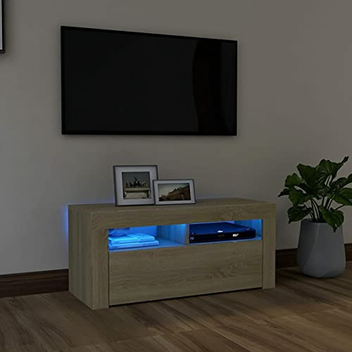 DJEKA Meuble TV LED en Bois Haute Avec Rangement - Banc TV Salon Table Television - Chêne Sonoma - 90x35x40 cm