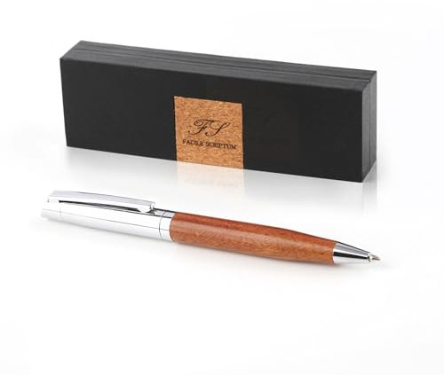 Facile Scriptum | Hochwertiger Premium Dreh-Kugelschreiber aus Metall und Holz mit schöner Geschenkbox | Modell Lignum Hell | Hellbraun und Silber