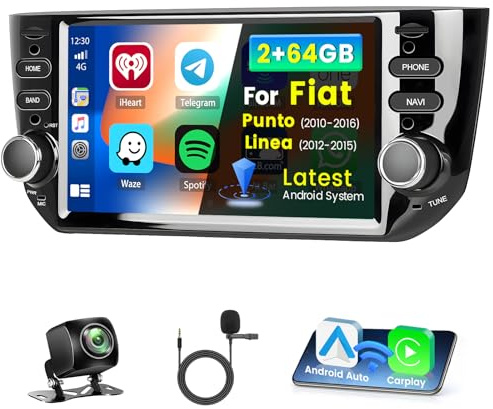 Inefala 2+64GB Radio per Fiat Punto 2010-2016/Fiat Linea 2012-2015 Android Soporta Wireless CarPlay Android Auto, 6,2 Pollici Schermo per Auto con Bluetooth WIFI GPS DSP Retrocamera AHD