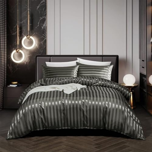 Tospass Housse de Couette 240x260 Adulte Rayures Gris Foncé Parure de Lit