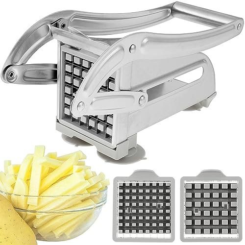 Fyeme Pommesschneider Edelstahl Kartoffelschneider für Pommes Frites mit 36-Loch- und 64-Loch-FormenSchneideeinsätzen Rutschfester Gummifuß für Gurke Rettich Kartoffel