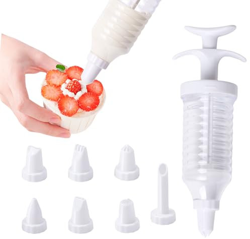 Icing Syringe and Nozzles Set, Icing Piping Gun with 8 pcs Piping Tips, Plastic White Cream Syringe Cake Decorating Kit for Cake Cupcake Dessert Cookie