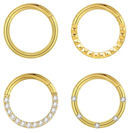 Lantine 4 Stück 16g Septum-Piercing G23 Titan Scharnier-Segment-Clicker Gold/Titan Daith Piercing Ring Helix Conch Tragus 6mm 8mm 10mm