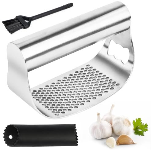 Knoblauchpresse, Knoblauchschneider, Knoblauchpresse Wippe Edelstahl, Kochgerät Knoblauchmühle Küchenhilfe, ergonomische Arbeitsersparnis, mit Knoblauchschäler und Reinigungsbürste
