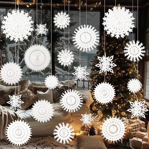 Daily Treasures 22pcs Winter Weihnachten Schneeflocken Dekorationen Kit, 16pcs weißes Schneeflocken hängende Dekoration(20-50cm) &6pcs 3D Karton Glitter Schneeflocke (15-25cm) &26m unsichtbaren Faden