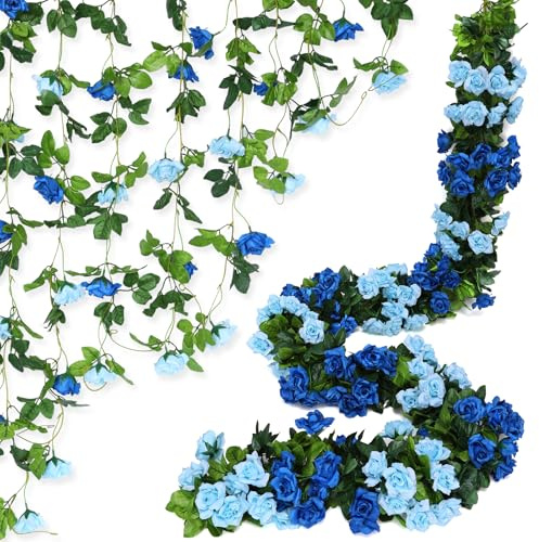 JUSTOYOU 6pcs 47.2FT Artificial Garland Flower Vines,Double Color Fake Rose Hanging Silk Flowers Artificial Flower for Outdoor Indoor Wedding Wall Badroom Decoration (6, Blue)