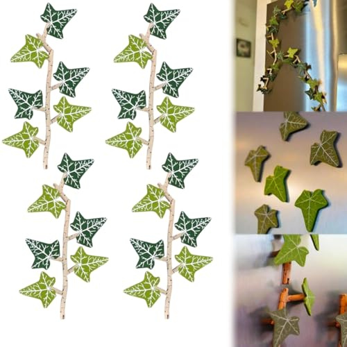 Lot de 4 aimants de réfrigérateur en forme de lierre anglais avec tiges articulées imprimées en 3D - Plante artificielle - Clips magnétiques puissants pour la maison, la cuisine, le bureau