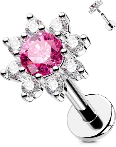 OUFER 16G Filettatura Interna Helix Piercing Acciaio Chirurgico 316L Fiore Piercing Trago Piercing Conch 6 mm Piercing Trago Rubino CZ Piercing Orecchio Helix Donna