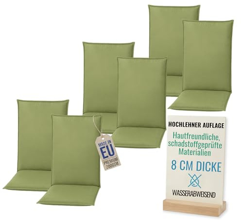 Pillows24 - Hochlehner Auflagen 6er Set - 120x50cm – 8cm Dick - Premium-Material 200gsm, Wasserabweisend | Sitzauflagen Hochlehner | Sitzkissen Gartenstuhlauflagen für Gartenmöbel | Grün