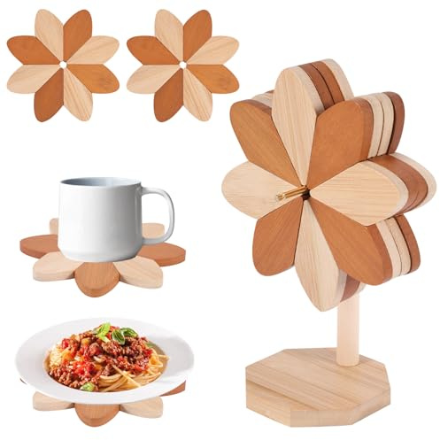 BOXOB 4pcs Dessous de Plat en Bois pour Plats Chauds, Bicolore Résistant à la Chaleur Dessous de Plat Arbre Coussins Chauds pour la Cuisine avec Support et Pilier Accessoires Cuisine en Bois