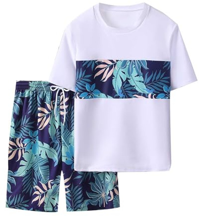 Generisch 2025 Ensemble d'été à manches courtes Rashguard Maillot de bain avec imprimé feuilles pour surf, plage, piscine, short de bain garçon 68, vert, 16-17 ans