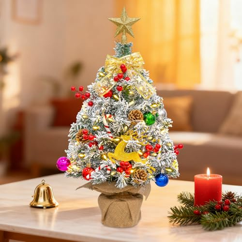 XUNIVERS Mini Petit Sapin de Noel,60 cm Sapin de Noel Lumineux LED, Sapin Noël Artificiel Décoré, Petit Sapin Artificiel,Décoration pour Table Bureau Accueil,Décoration de Noël