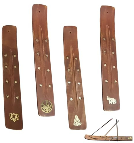 4 Stück Räucherstäbchen Halter, 25.5x3.5cm Holz Räucherstäbchenhalter mit Elefant Buddha Lotus und Ahornblatt Motiven, Incense Holder Für Spirituelle Yoga Meditation Zuhause Büro