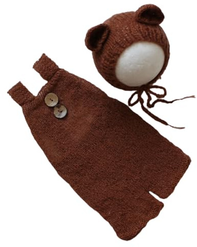 WWHJR Newborn Photo Set Bear Hat Crochet Suspender Romper Photo Props Baby Animal Costume Infant Photography Suit Baby Photoshoot PropsPhotography Accessories