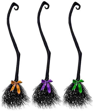 Fycakly Decoración de Halloween para interiores, bruja con cintas, escoba, accesorios de diseño de bruja con cintas coloridas para niños y adultos, decoraciones de cosplay (negro, 137 x 38 cm)