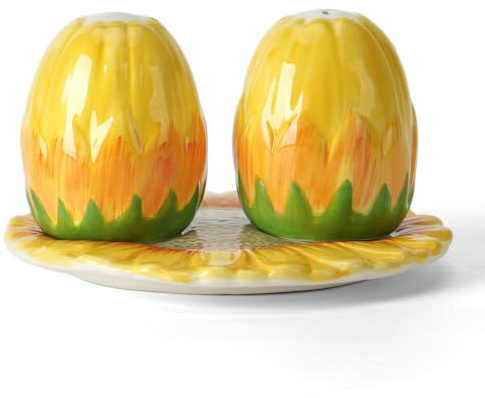 Salt and Pepper Shaker Set–2 Pcs Ceramic Spice Dispensers with Secure Lids, Decorative Seasoning Containers for Kitchen Cooking, Dining Table and Everyday Use (Sunflower)