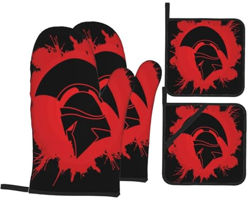 Spartan Warrior Helmet Oven Mitts and Pot Holders Set 4pcs, Heat Resistant Microwave Gloves for Kitchen Cooking Baking BBQ