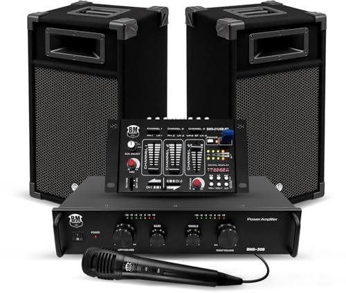 Kit Sonorisation 300W Bm Sonic BMS-DJ300-USB-BT Initiation DJ Enceintes Ampli Table de Mixage Bluetooth USB, Microphone Câblages