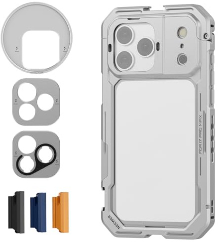 NEEWER Phone Cage Compatible con iPhone 17 Pro MAX,Quick Release Video Rig Estabilizador Accesorios con 67mm Anillo Filtro, 17mm Lens Backplate,T Mount Adaptador,4xTapa Control Cámara,PA144(Plateado)