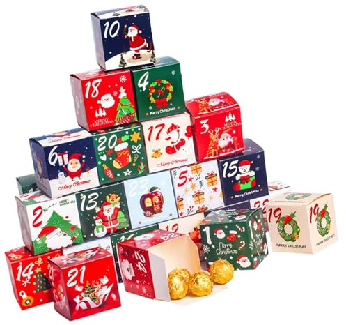 CAZSTYK Calendario de Adviento de 24 piezas, caja de caramelos de papel colorida, decoración de cuenta regresiva, envoltura de regalos, manualidades, papel revestido, embalaje de regalo, decoración de