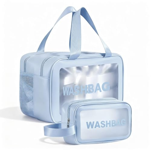 QingWing 2 Pièces Trousse de Toilette Transparente Set, Grand et Petit Trousse de Toilette Étanche en PVC, Imperméable et Portable Sac de Voyage Transparent pour Femme Homme (Bleu)