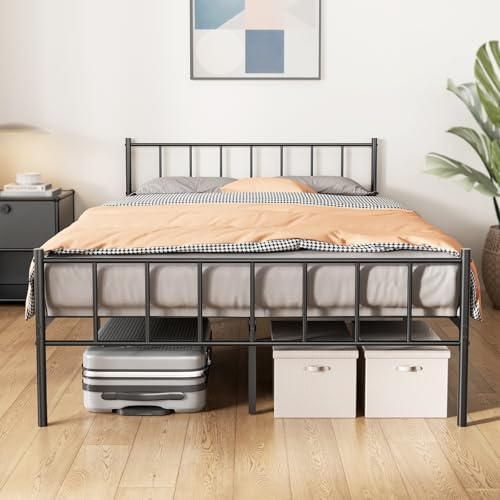 KUTAS Bett 140 x 200 cm, Bettrahmen mit Kopfteil Bettgestell, Höhe 36 cm mit 32 cm Stauraum, 14 Reihen Metalllamellen Bett, Einfach zu Montieren, Geräuschlos, Kein Boxspringbett Erforderlich, Schwarz