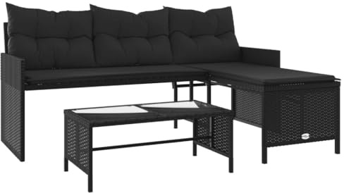 Foknhdi Gartensofa L-Form Schwarz 170x120x72 cm aus wetterfestem Poly-Rattan mit Glas-Tisch und dicken Kissen Modernes Lounge-Sofa für kleine Balkone Terrasse und Patio