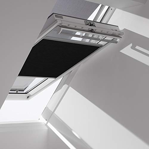 Original VELUX Vorteils-Set ( Faltstore DuoLine + Hitzeschutz-Markise ) für GGL / GPL / GHL / GTL P10 und 410 und GGU / GPU / GHU / GTU P10 in Stofffarbe 1047 / Uni Schwarz – Markise in 5060 schwarz, Seitenschienen in Silber / FOP P10 1047S