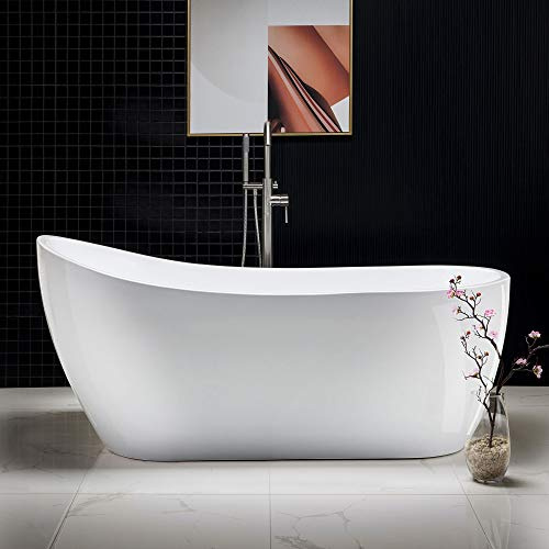 WOODBRIDGE 67 Acrylic Freestanding Bathtub Contemporary Soaking White Tub with Brushed Nickel Overflow and Drain，B-0001-BN