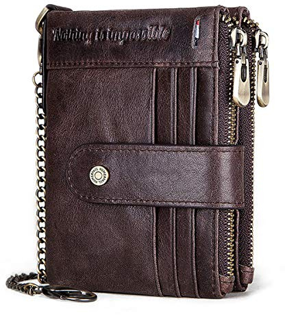REETEE Carteras para Hombre Billetera de Piel con RFID Bloqueo Billeteras Hombre y Monedero con Cremallera, Monedero Hombre Pequeño19 Ranuras para Tarjetas y Cartera Hombre con Cadena