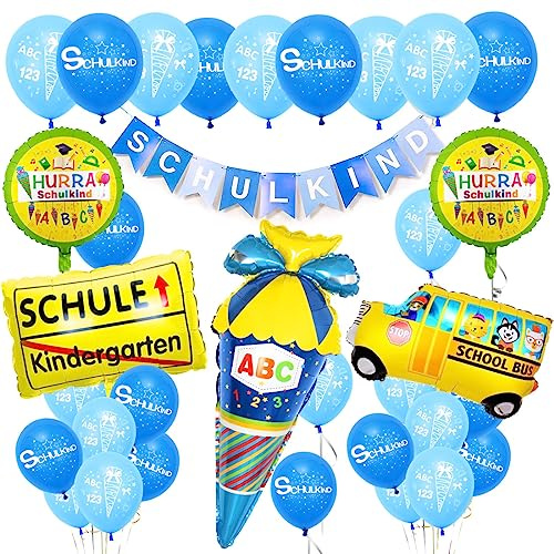 Einschulung Deko Set Mädchen - Rosa Schulkind Banner, Zuckertüte Folienballon, Schulanfang Latex Ballons für Schuleinführung