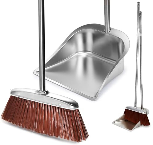 Broom and Dustpan Set for Home, 56 Kitchen Broom with Dustpan Combo Set, Heavy Duty Dustpans with Long Handle, Upright Metal Dust Pan Brooms for Sweeping Indoor Outdoor Home Office Lobby Floor