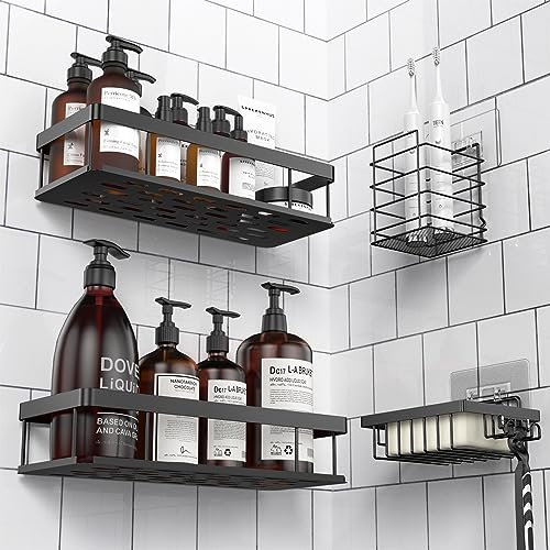 UUlioyer Duschablage Ohne Bohren, Wasserdichter und Rostfreier Duschregal, 4 Stück Badezimmer Regal Organizer, Shampoo Duschgel Halterung für Dusche, Schwarz (Mit Seifenhalter und Zahnbürstenhalter)